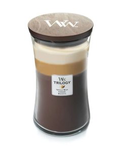 Vela perfumada Vanilla Bean, Caramel y Biscotti. WoodWick, colección Hourglass Trilogy.